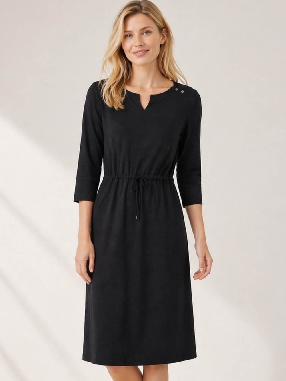 L.L. Bean Dress Womens Size Medium Black Stretch Jersey Knit 3/4 Sleeves V-Neck - Picture 2 of 13